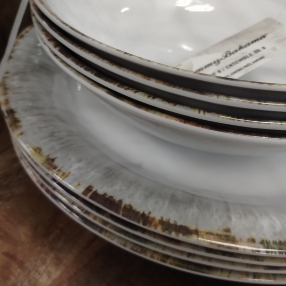 NEW 8 pc San Juan Watercolor DINNER PLATES & BOWLS Tommy Bahama Melamine elegant - Picture 2 of 3
